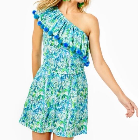Lilly Pulitzer Idara One-shoulder Pompom Romper Dress Resort Women’s Size Medium - Picture 1 of 16